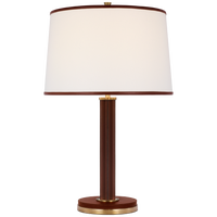 Riley Medium Table Lamp in Natural Brass and Saddle Leather with Leather Trimmed Linen Shade