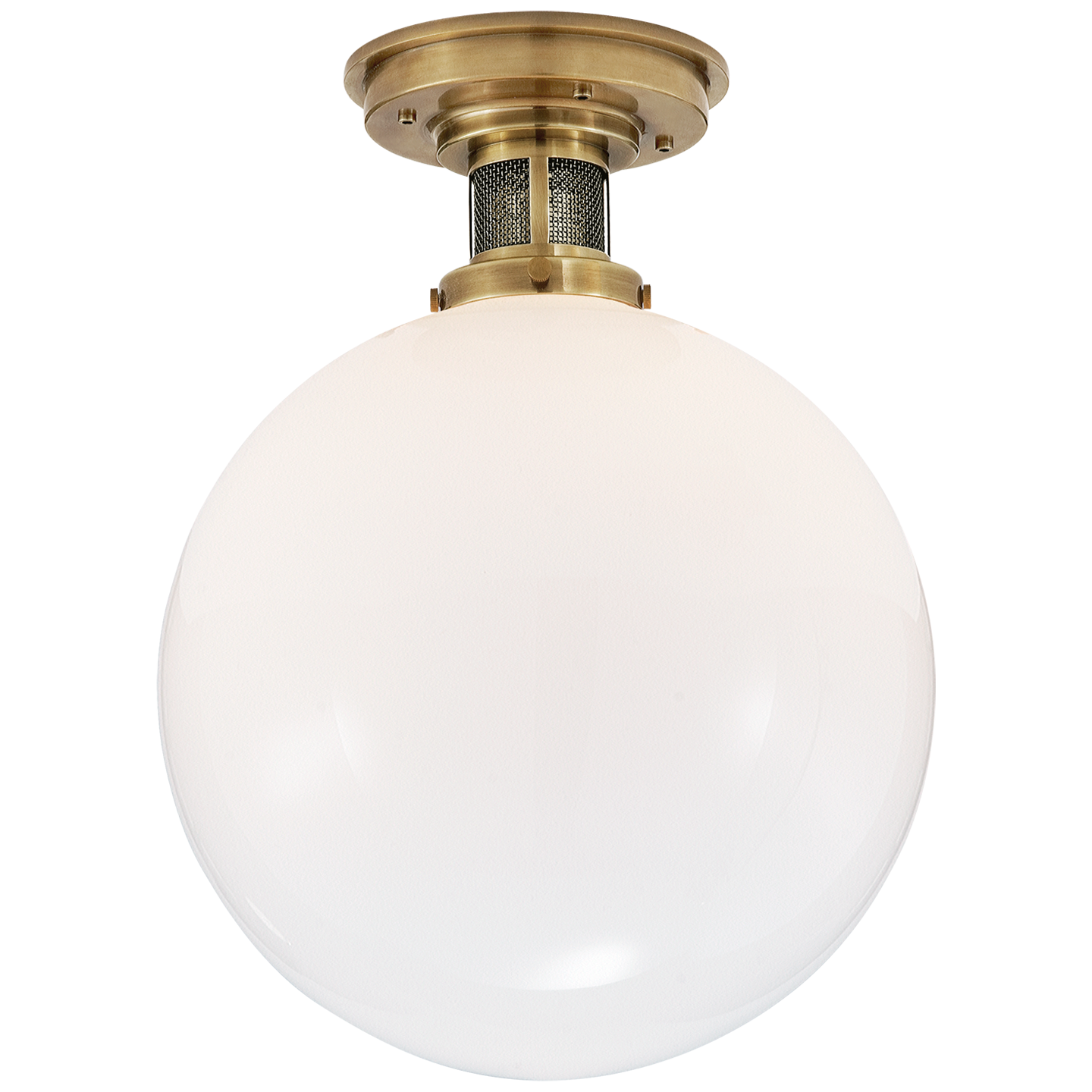 McCarren Medium Flush Mount in Natural Brass with White Glass