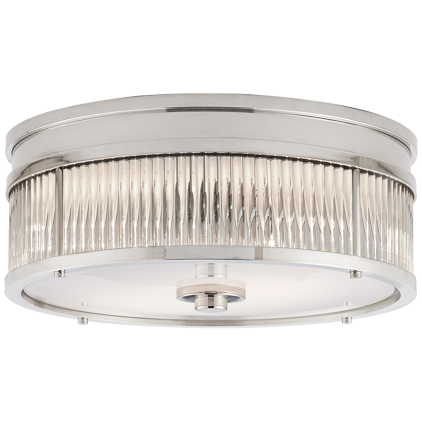 Allen Small Round Flush Mount in Polished Nickel and Glass Rods with White Glass