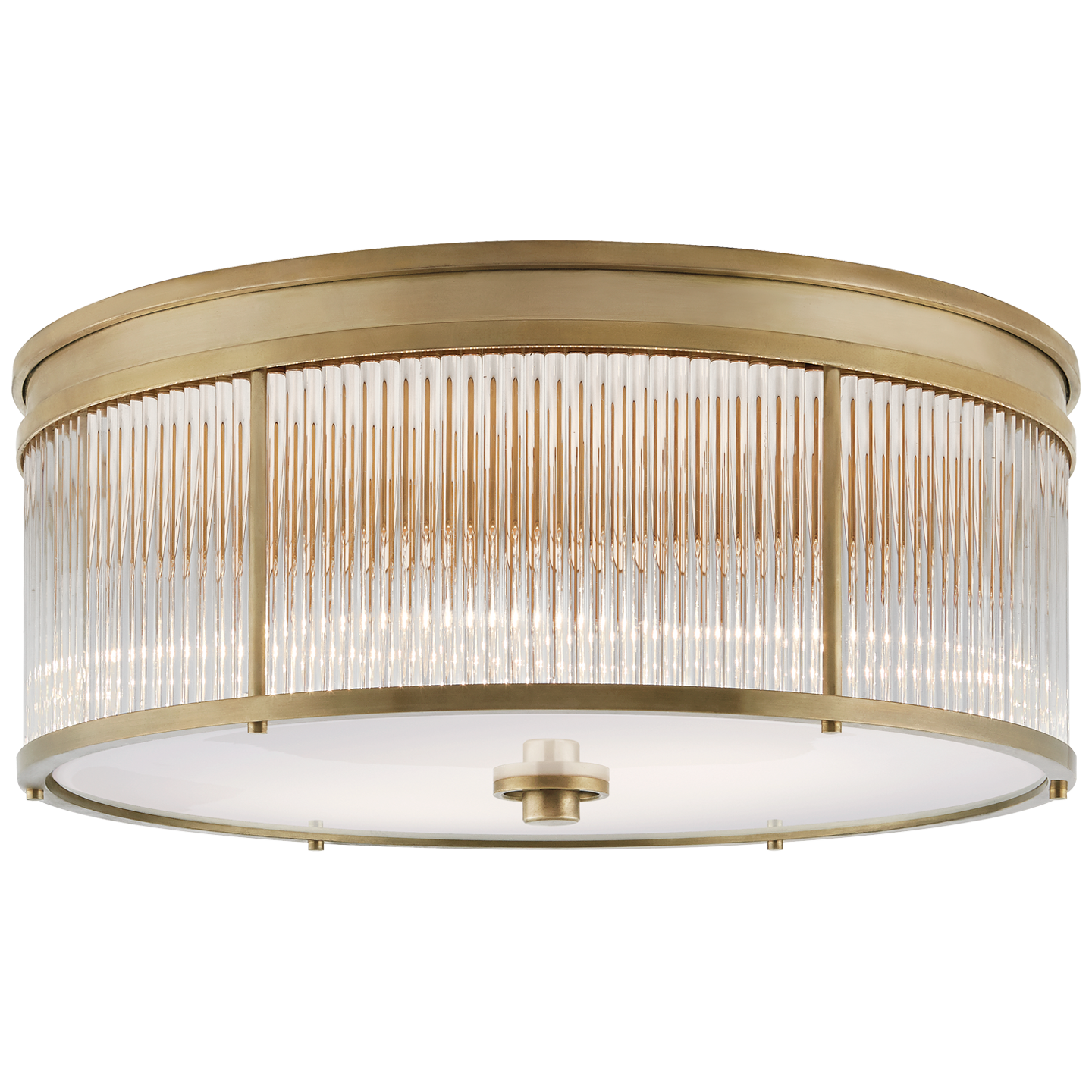 Allen Large Round Flush Mount in Natural Brass and Glass Rods with White Glass