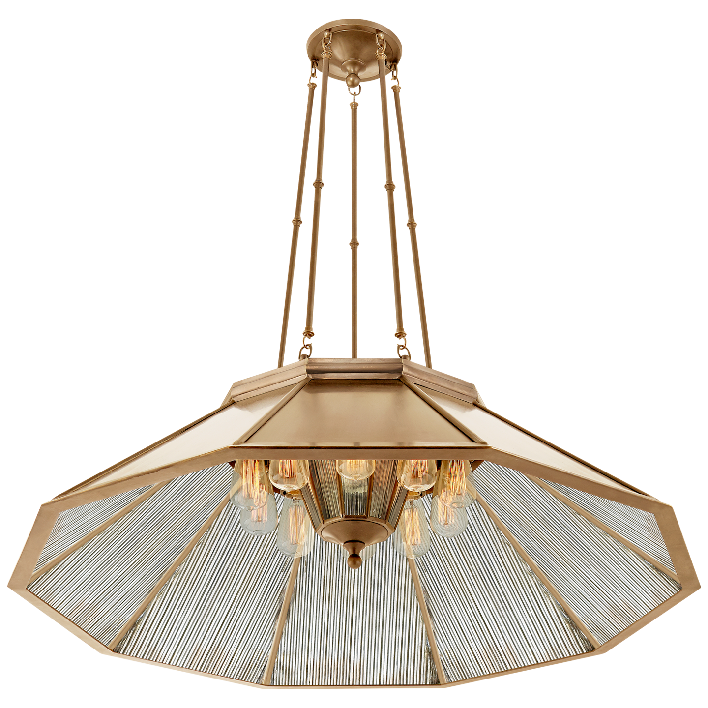 Rivington Large Ten-Paneled Chandelier in Natural Brass with Antiqued Ribbed Mirror
