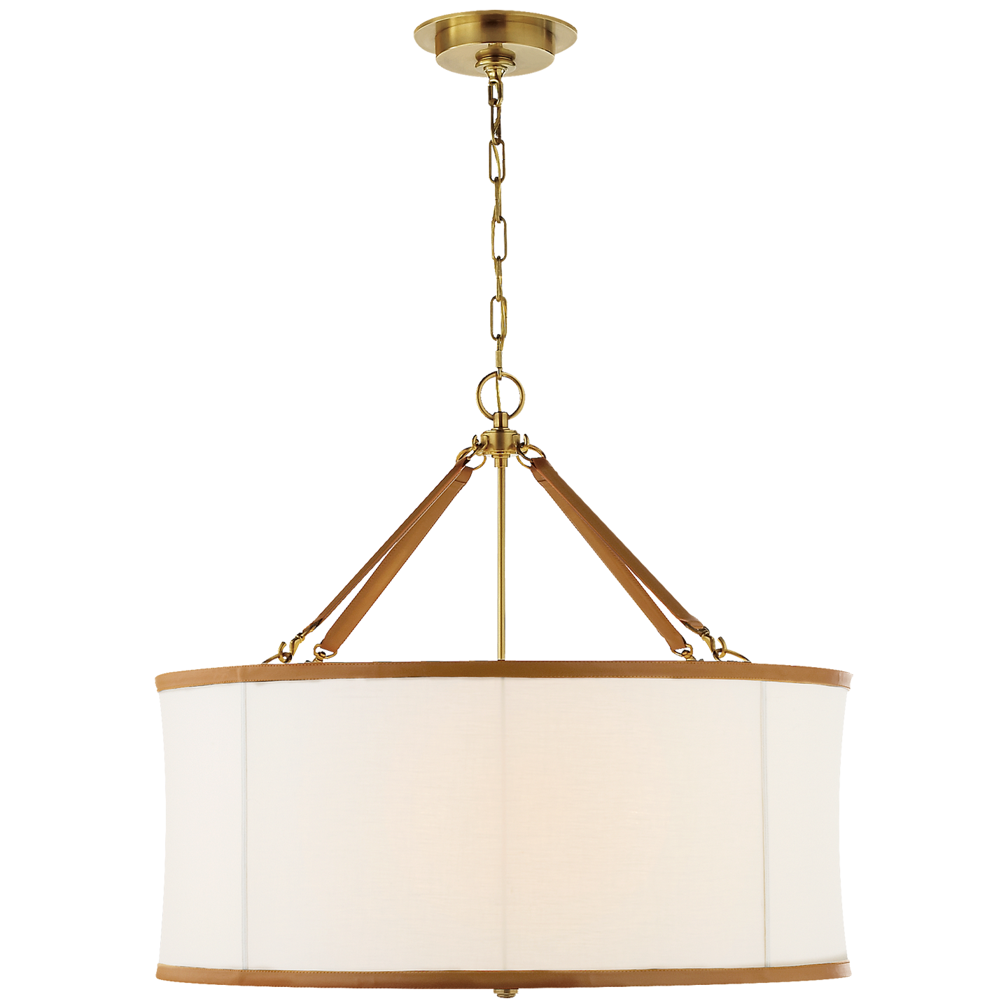 Broomfield Large Hanging Shade in Natural Brass and Saddle Leather with Linen Shade