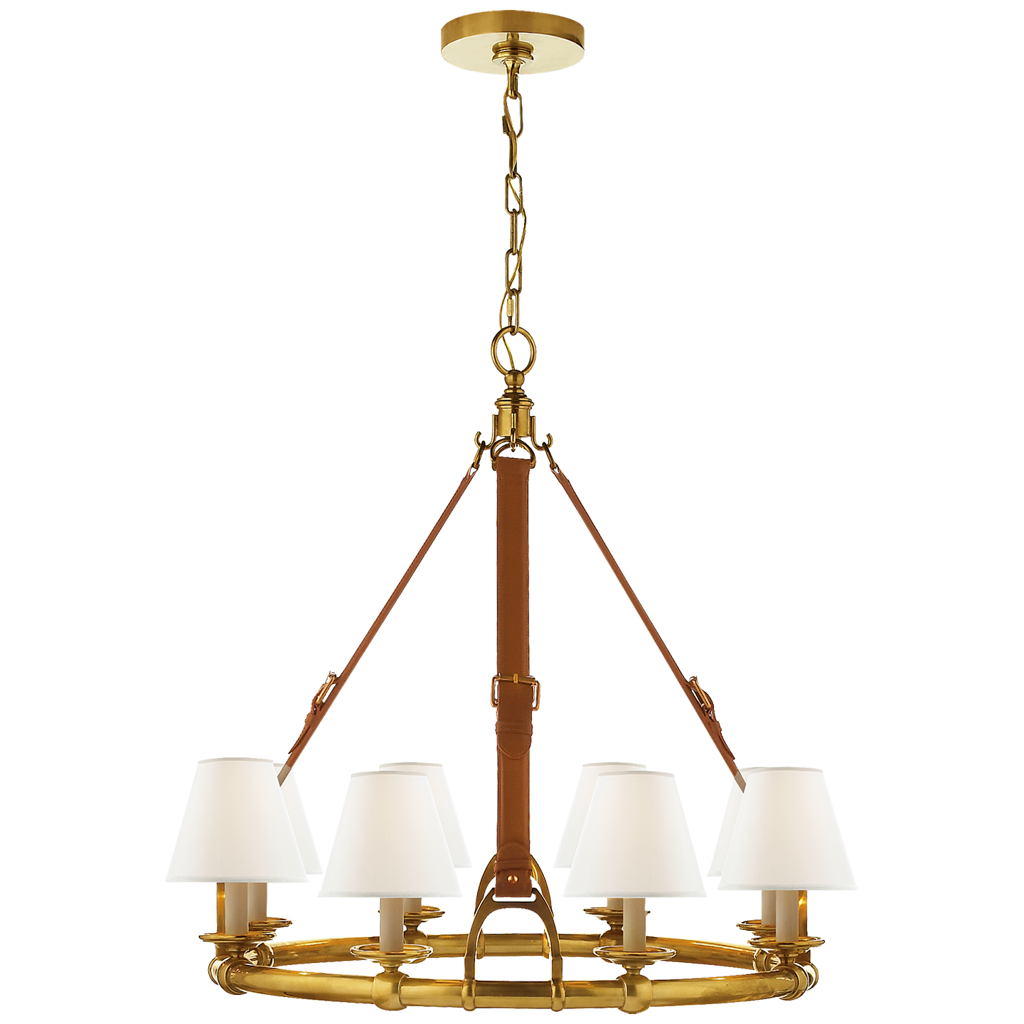 Westbury Chandelier in Natural Brass and Saddle Leather with Linen Shades