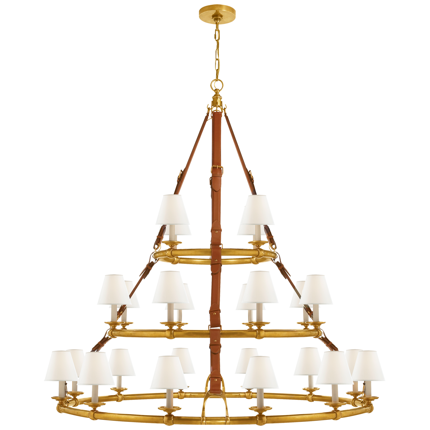 Westbury Triple Tier Chandelier in Natural Brass and Saddle Leather with Linen Shades