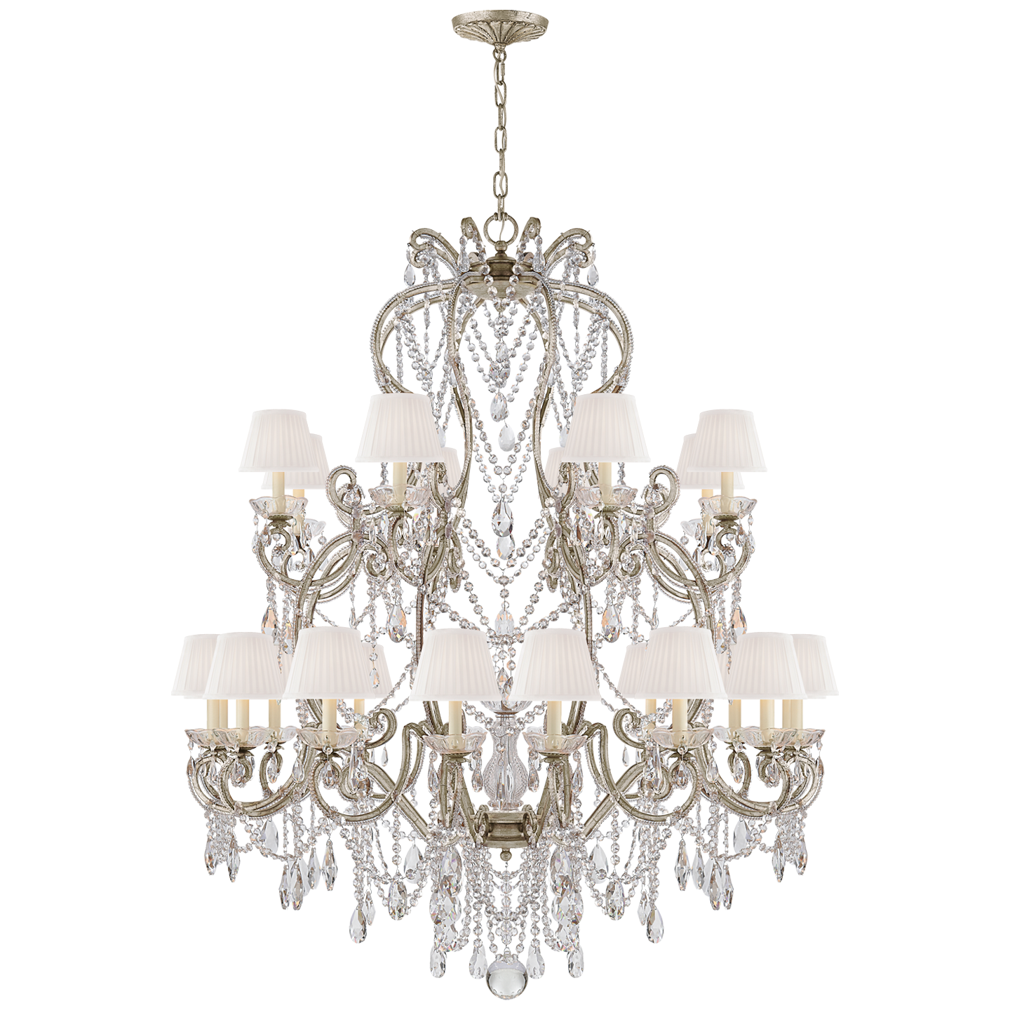 Adrianna Large Chandelier in Antique Silver Leaf and Crystal with Silk Shades Open Box