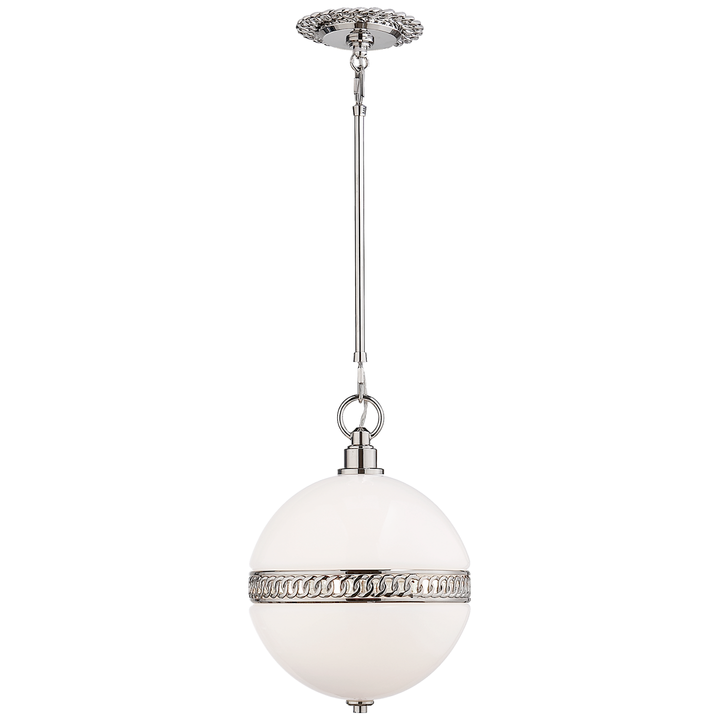 Hendricks Small Globe Pendant in Polished Nickel with White Glass