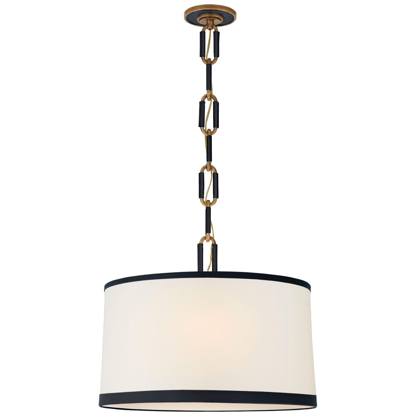 Cody Medium Hanging Shade in Natural Brass with Linen Shade and Navy Leather Trim