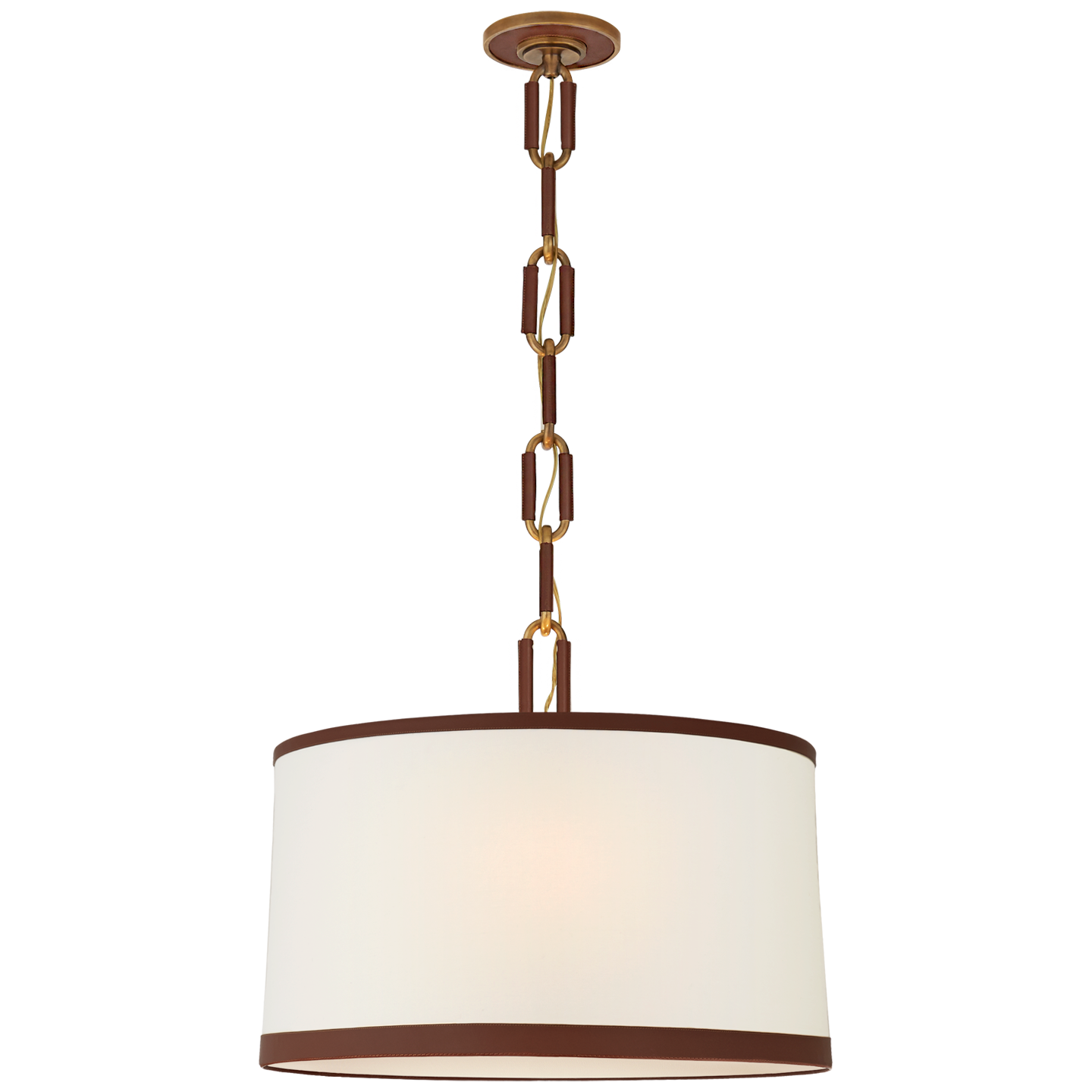 Cody Medium Hanging Shade in Natural Brass with Linen Shade and Saddle Leather Trim