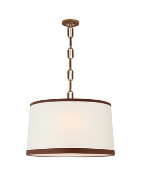 Cody Large Hanging Shade in Natural Brass with Linen Shade and Saddle Leather Trim