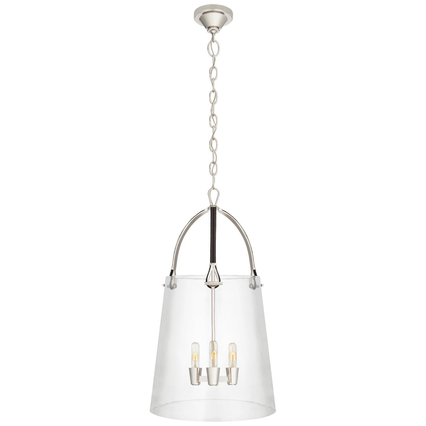 Julian Large Lantern in Polished Nickel and Chocolate Leather with Clear Glass 