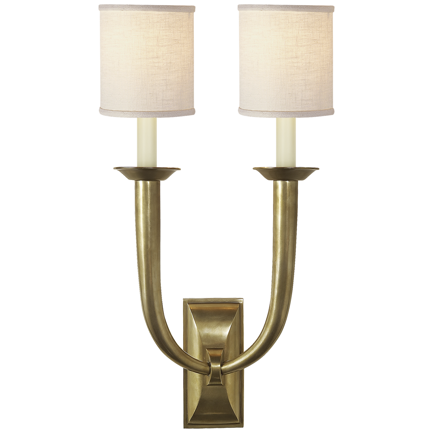French Deco Horn Double Sconce in Hand-Rubbed Antique Brass with Linen Shades Open Box