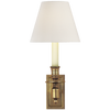 French Single Library Sconce in Hand-Rubbed Antique Brass with Linen Shade