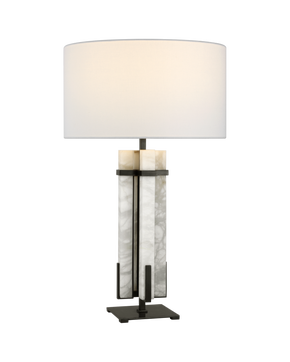 Malik Large Table Lamp in Bronze and Alabaster with Linen Shade