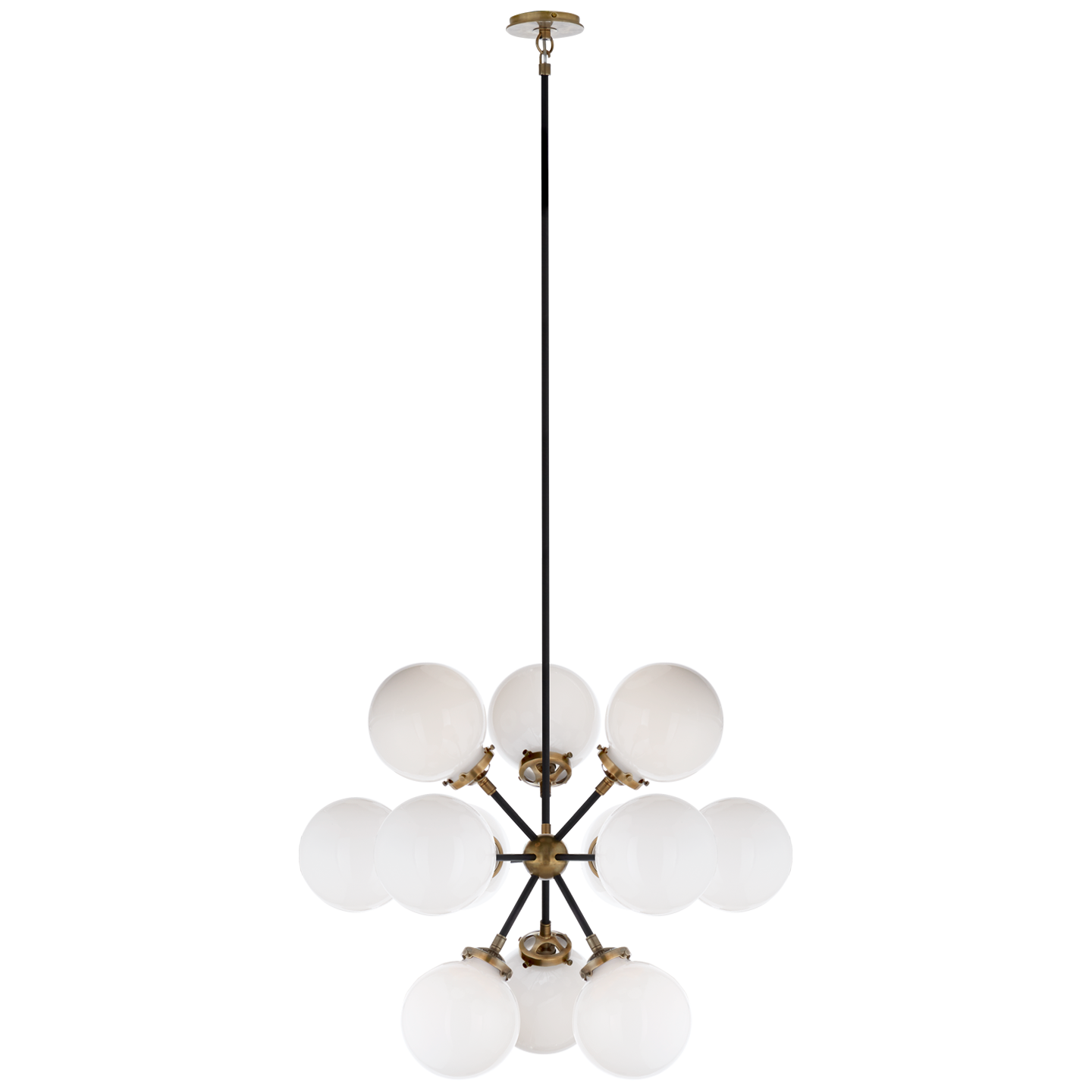 Bistro Small Round Chandelier in Hand-Rubbed Antique Brass and Black with White Glass