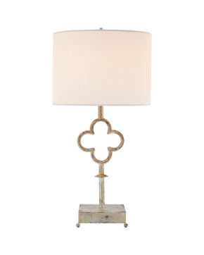 Quatrefoil Table Lamp in Belgian White with Linen Shade