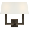 Square Tube Double Sconce in Bronze with Linen Single Shade