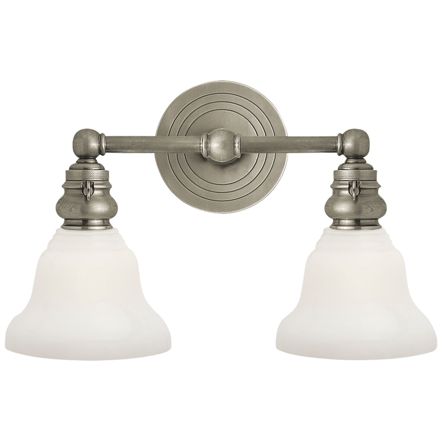 Boston Functional Double Light in Antique Nickel with White Glass Open Box