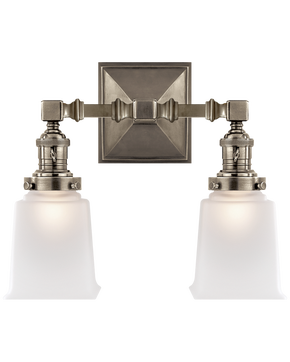 Boston Square Double Light in Antique Nickel with Frosted Glass