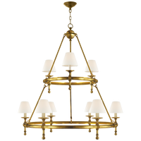 Classic Two-Tier Ring Chandelier in Hand-Rubbed Antique Brass with Linen Shades