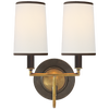 Elkins Double Sconce in Bronze and Hand-Rubbed Antique Brass with Linen Shades with Black Trim