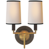 Elkins Double Sconce in Bronze and Hand-Rubbed Antique Brass with Natural Paper Shades with Black Tape