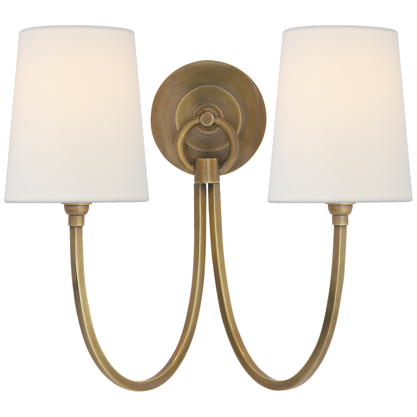 Reed Double Sconce in Hand-Rubbed Antique Brass with Linen Shades