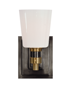 Bryant Single Bath Sconce in Bronze and Hand-Rubbed Antique Brass with White Glass