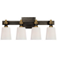 Bryant Four-Light Bath Sconce in Bronze and Hand-Rubbed Antique Brass with White Glass