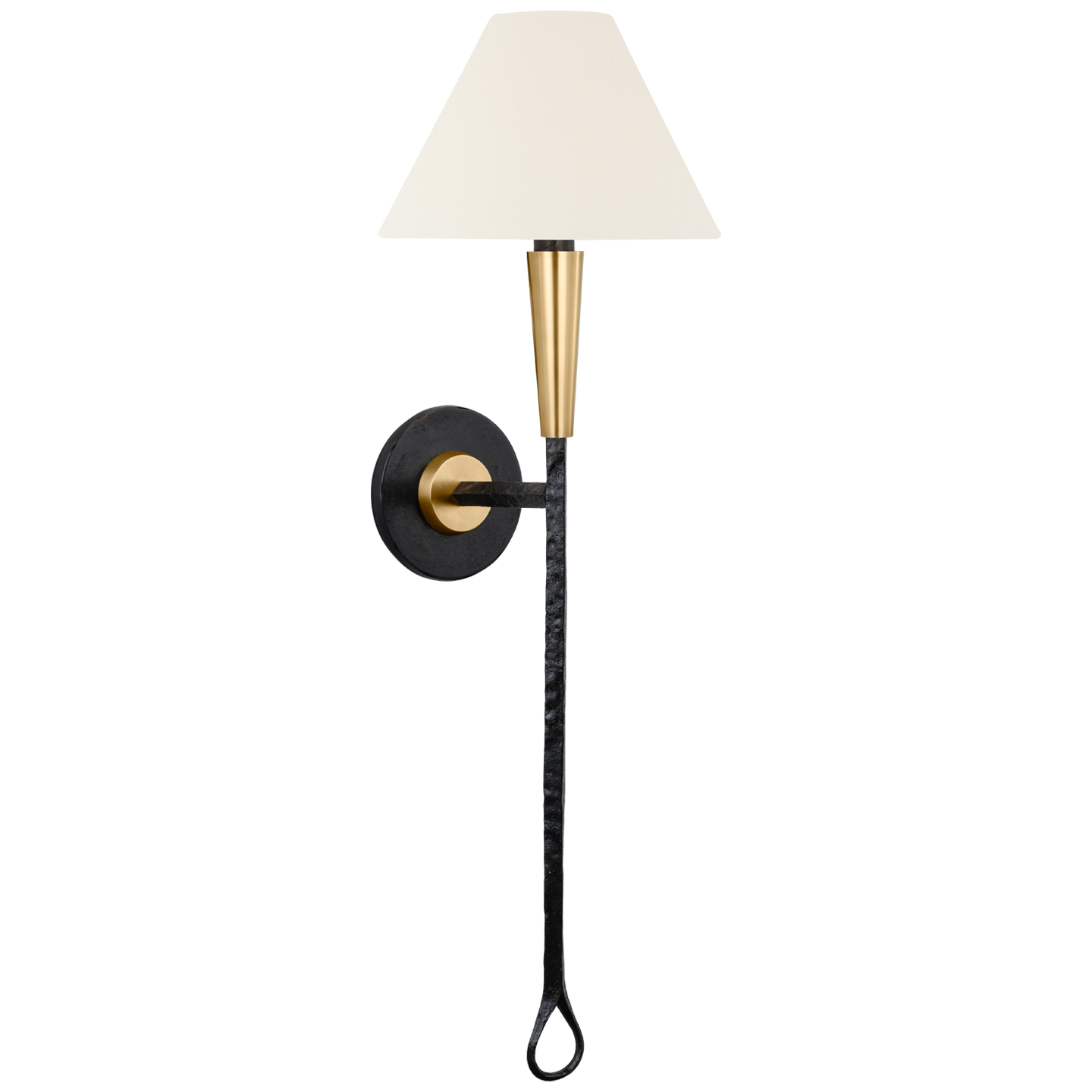 Cavalli 27" Tail Sconce in Aged Iron and Hand-Rubbed Antique Brass with Linen Shade Open Box
