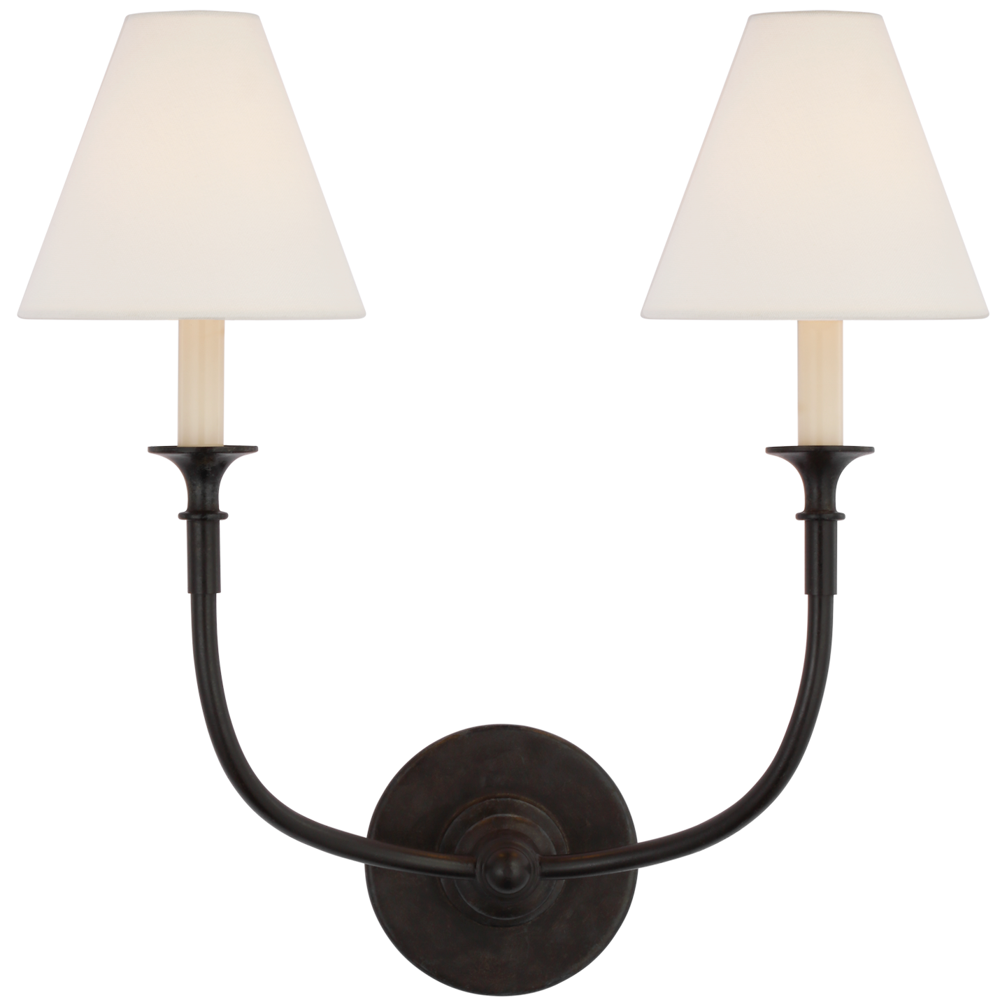 Piaf Double Sconce in Aged Iron with Linen Shades