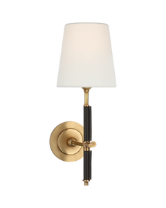 Bryant Wrapped Sconce in Hand-Rubbed Antique Brass and Chocolate Leather with Linen Shade