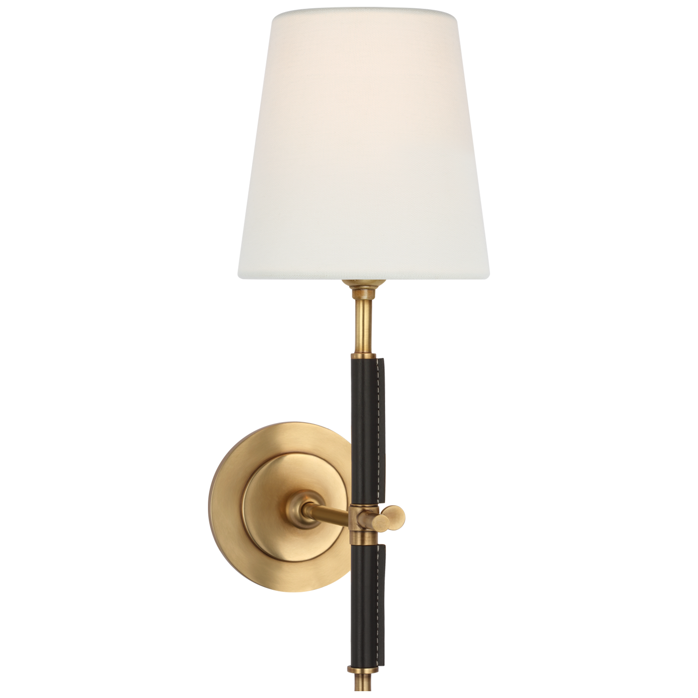 Bryant Wrapped Sconce in Hand-Rubbed Antique Brass and Chocolate Leather with Linen Shade