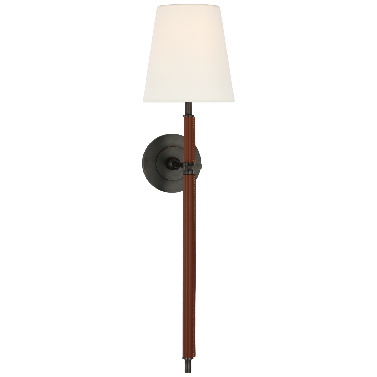 Bryant Large Wrapped Tail Sconce in Bronze and Saddle Leather with Linen Shade