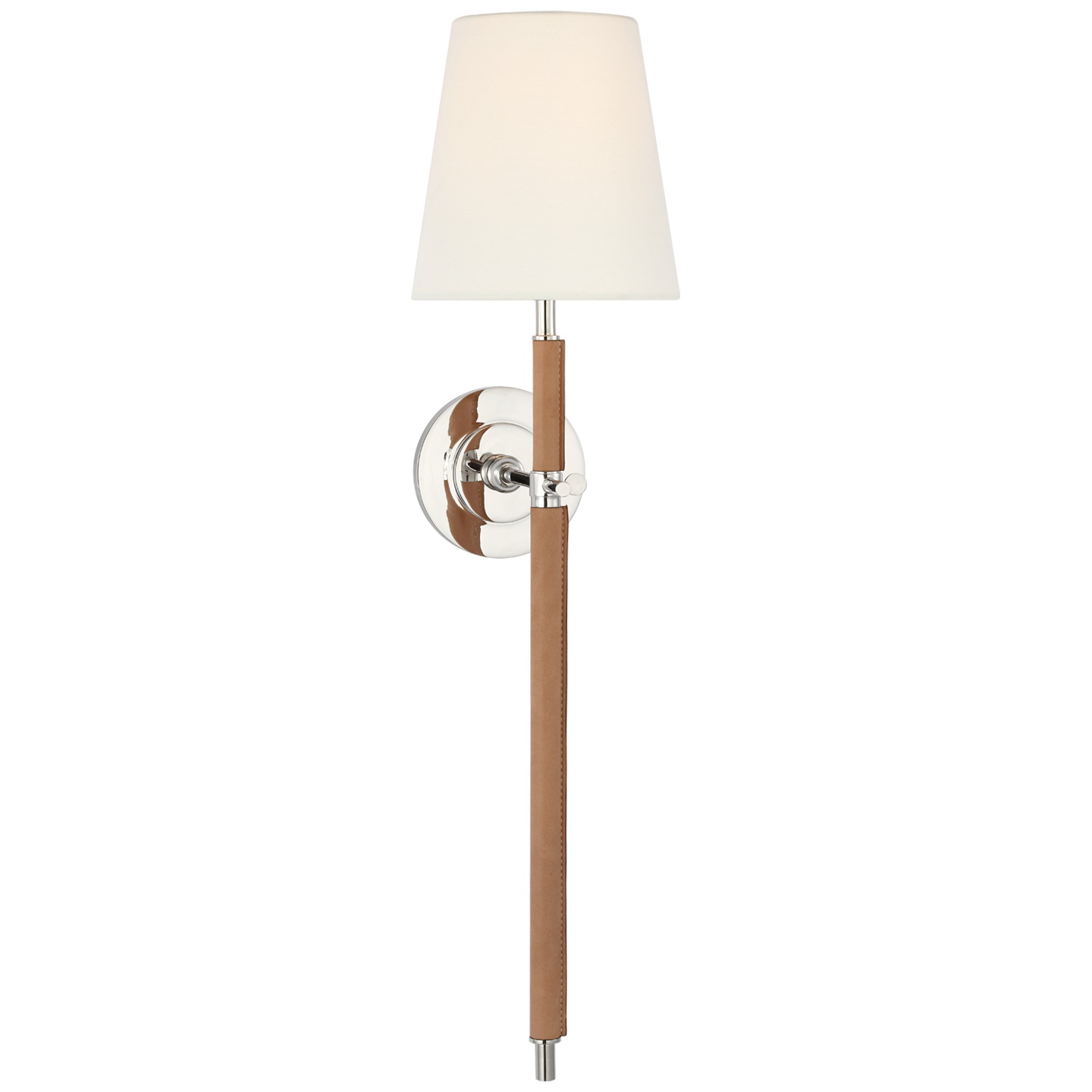 Bryant Large Wrapped Tail Sconce in Polished Nickel and Natural Leather with Linen Shade Open Box