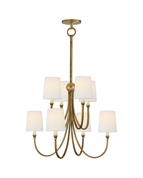 Reed Large Chandelier in Hand-Rubbed Antique Brass with Linen Shades