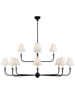 Piaf Grande Two-Tier Chandelier in Aged Iron and Ebonized Oak with Linen Shades